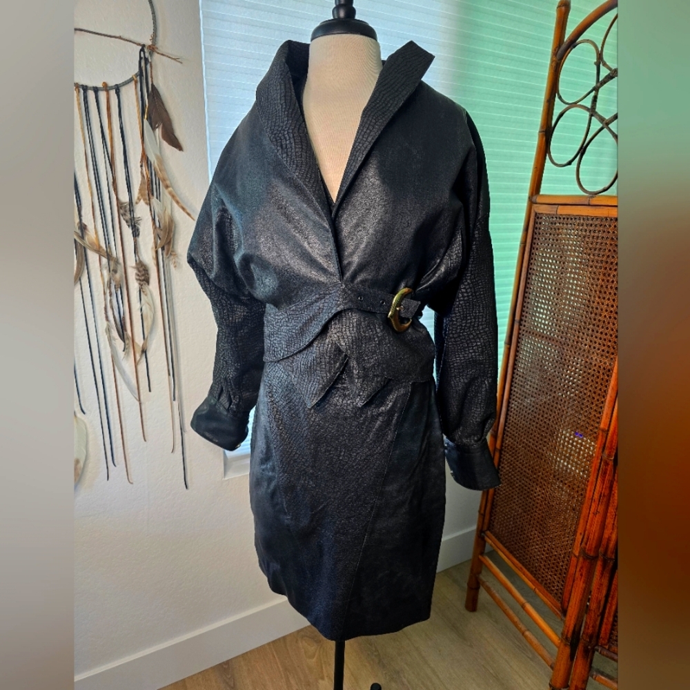 Black Leather Jacket Skirt and Vest Set